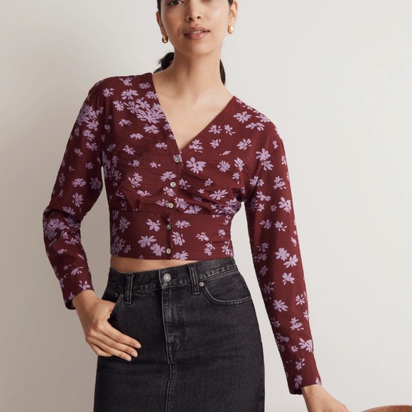 Madewell Cropped Long Sleeve V-Neck Button-Front Shirt Size M - Picture 1 of 15